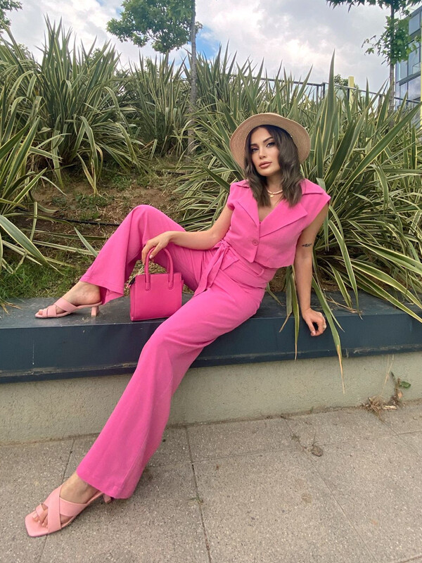 Kadın Keten Blazer Yelek Tulum Pembe