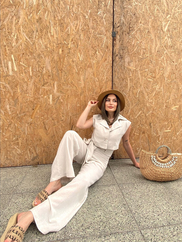 Kadın Keten Blazer Yelek Tulum Taş