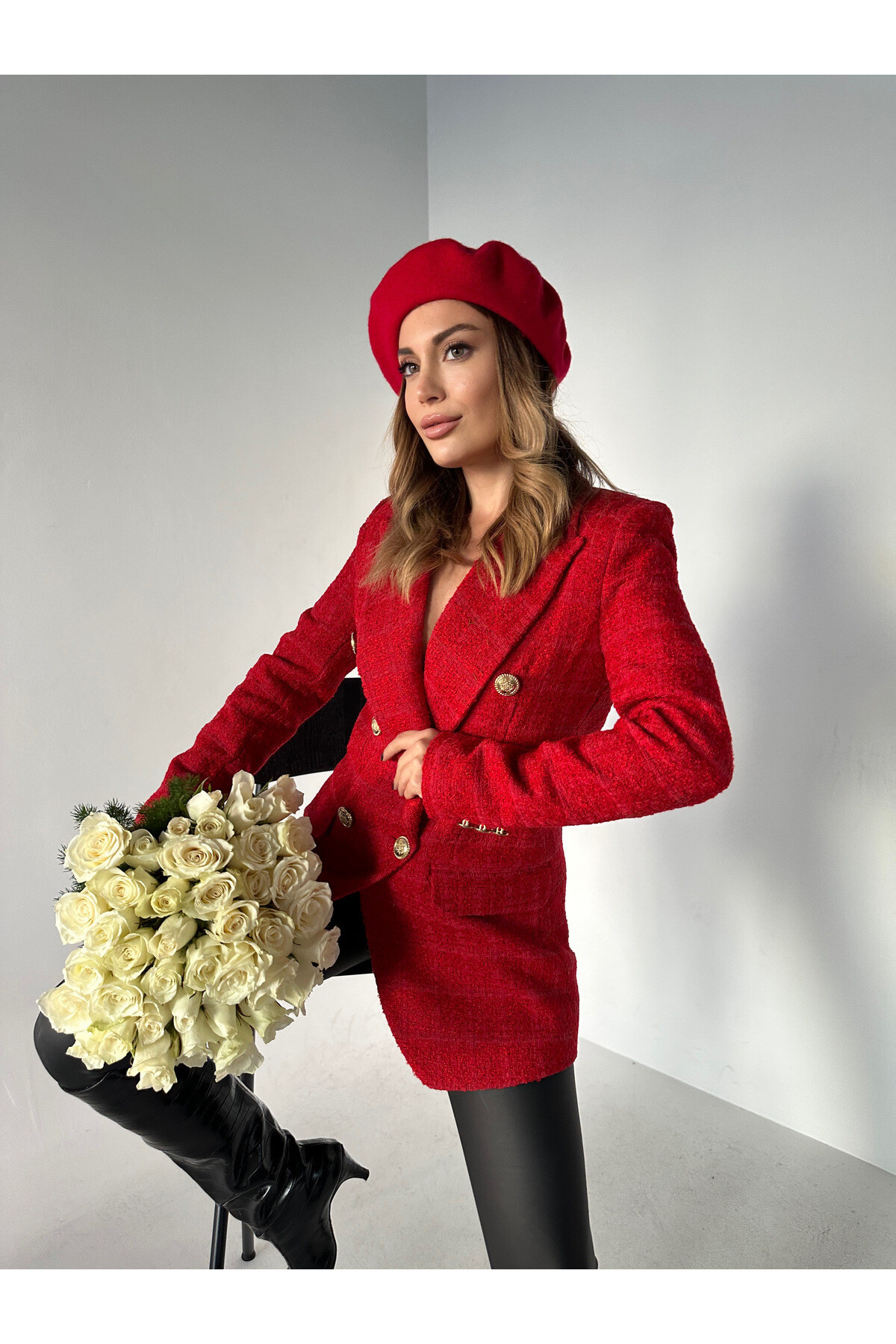 Kadın Kırmızı Gold Düğme Detaylı Astarlı Tüvit Blazer Ceket  Kırmızı