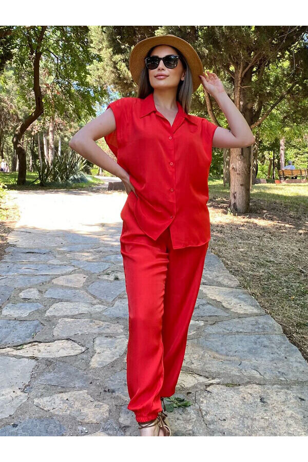 Kadın Kırmızı İpek Saten Gömlek 