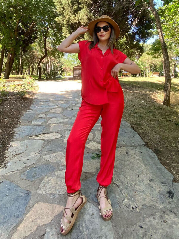 Kadın Kırmızı İpek Saten Kumaş Gömlek Alt-Üst Takım