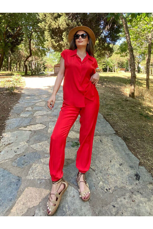Kadın Kırmızı İpek Saten Kumaş Gömlek Alt-Üst Takım