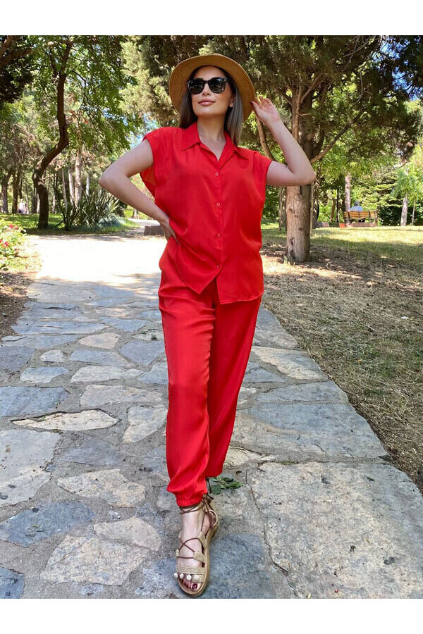Kadın Kırmızı İpek Saten Kumaş Gömlek Alt-Üst Takım