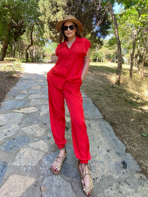 Kadın Kırmızı Paçaları Lastikli İpek Saten Pantolon 