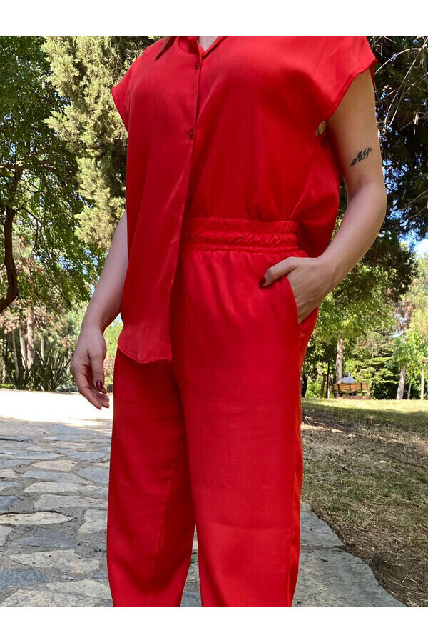 Kadın Kırmızı Paçaları Lastikli İpek Saten Pantolon 
