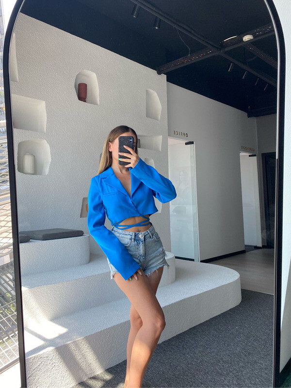 Kadın Mavi Bağlama Detaylı Astarlı Ceket 