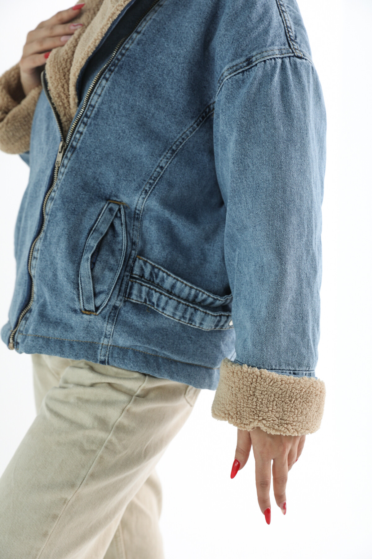 Kadın Mavi Kahve Peluşlu Denim Mont  Mavi