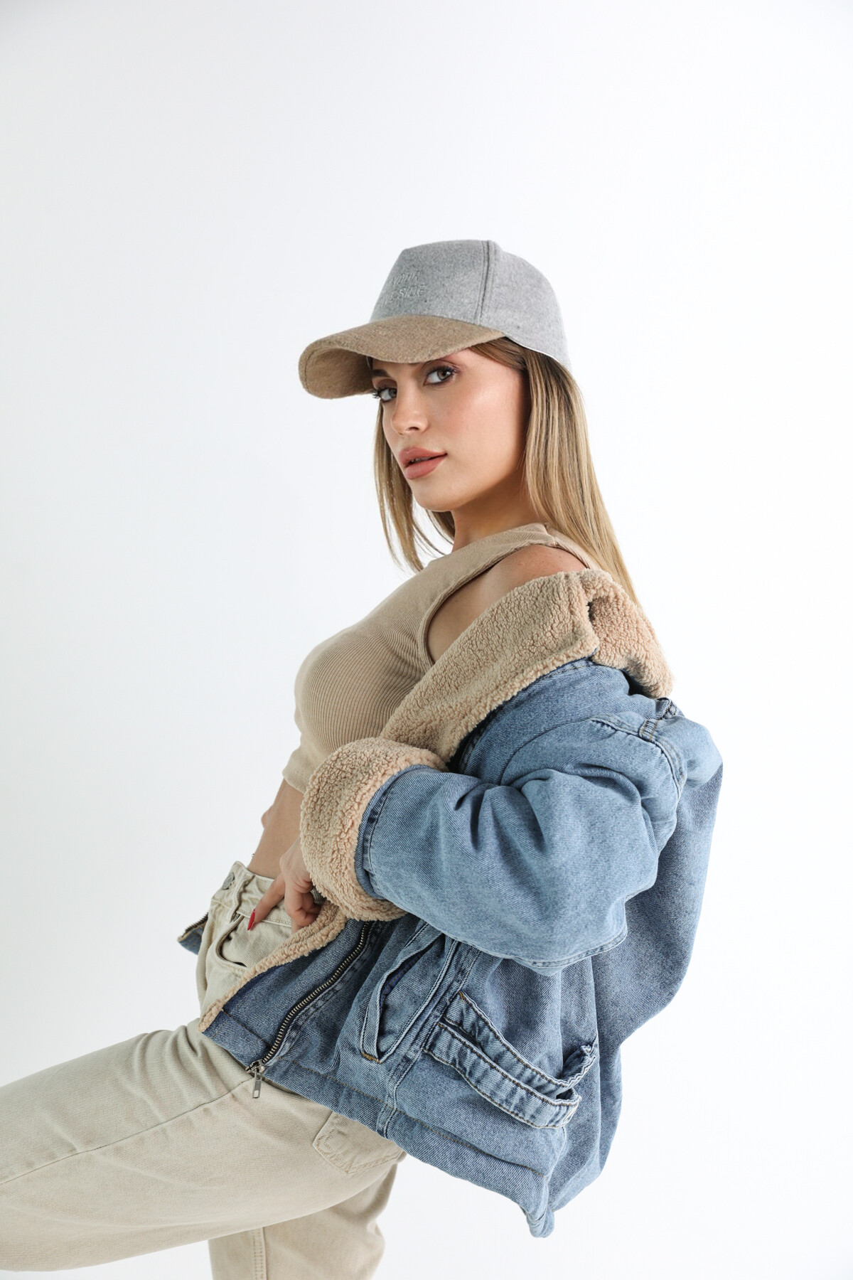 Kadın Mavi Kahve Peluşlu Denim Mont  Mavi