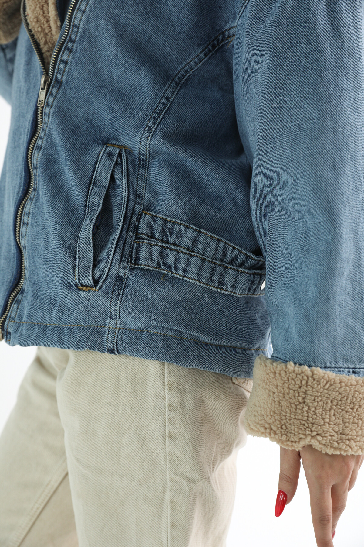 Kadın Mavi Kahve Peluşlu Denim Mont  Mavi