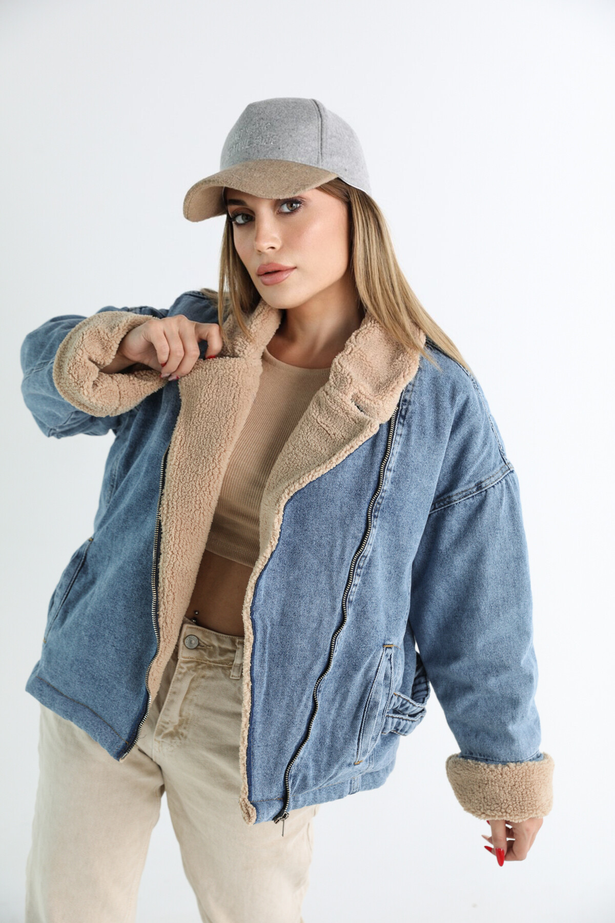 Kadın Mavi Kahve Peluşlu Denim Mont  Mavi