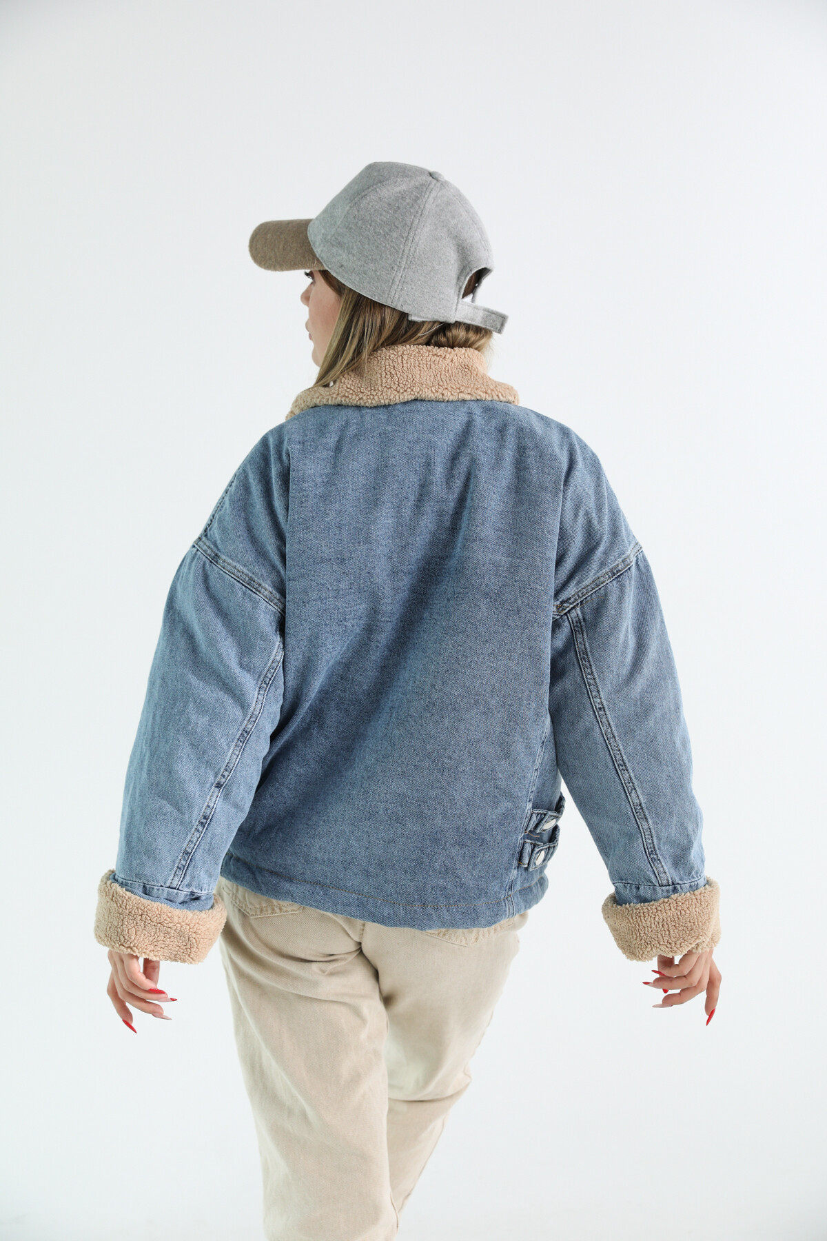 Kadın Mavi Kahve Peluşlu Denim Mont  Mavi