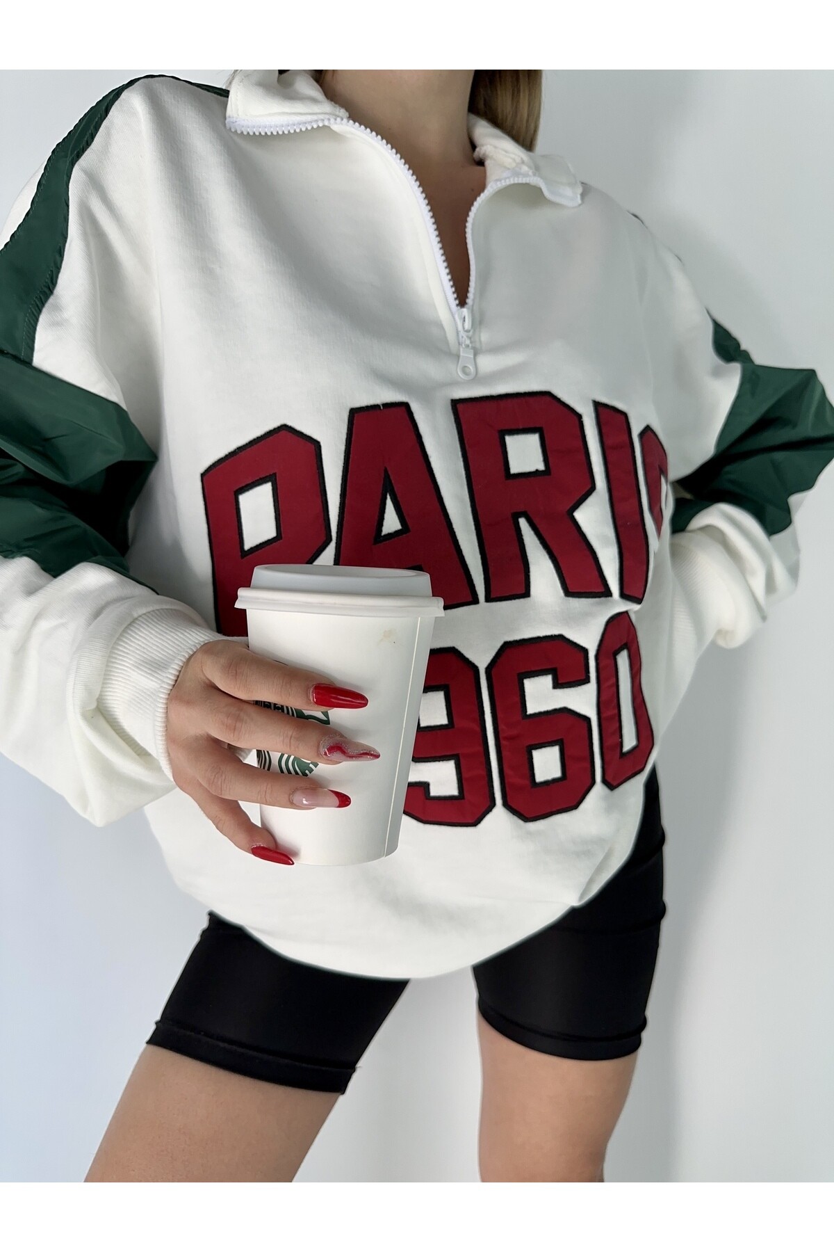 Kadın Nakışlı Blok Renkli Fermuarlı Sweatshirt  Renkli