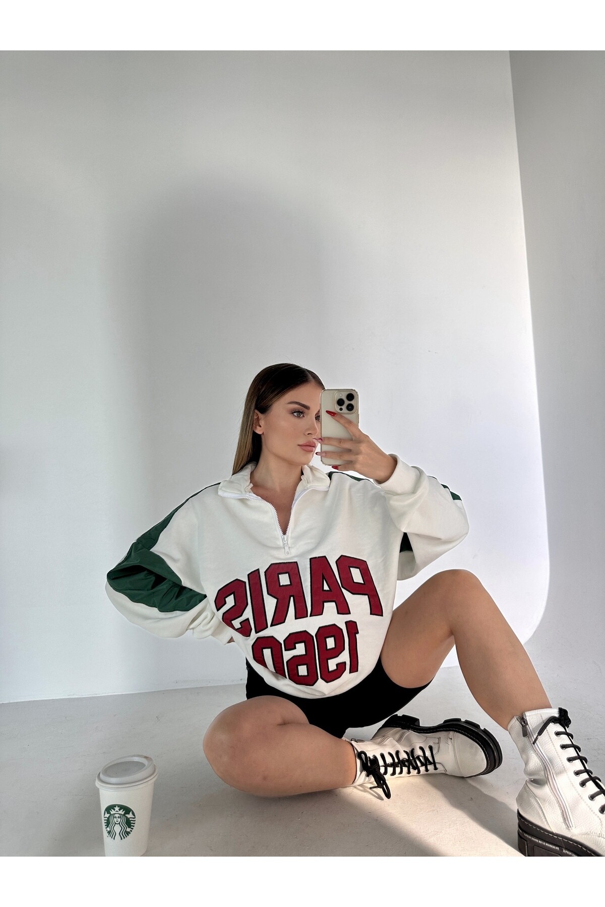 Kadın Nakışlı Blok Renkli Fermuarlı Sweatshirt  Renkli