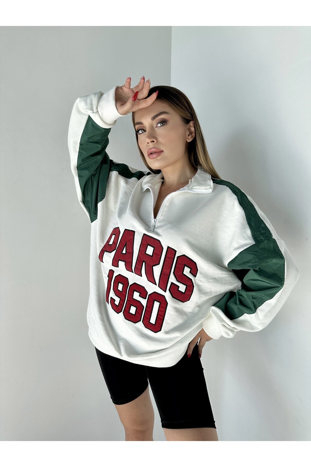 Kadın Nakışlı Blok Renkli Fermuarlı Sweatshirt  Renkli