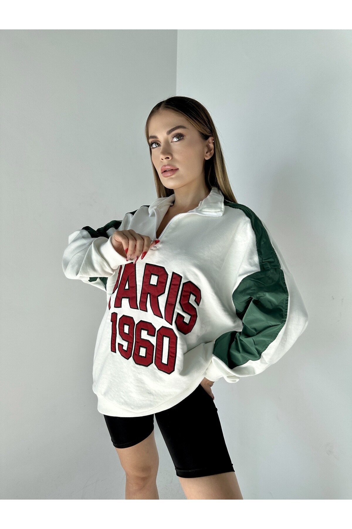 Kadın Nakışlı Blok Renkli Fermuarlı Sweatshirt  Renkli