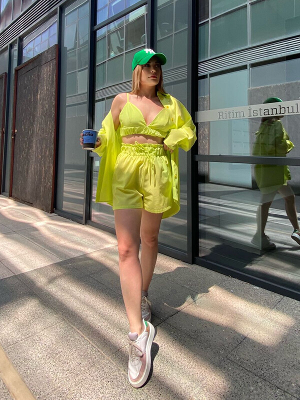 Kadın Neon Sarı Poplin 3lü Takım Fosfor Sarı