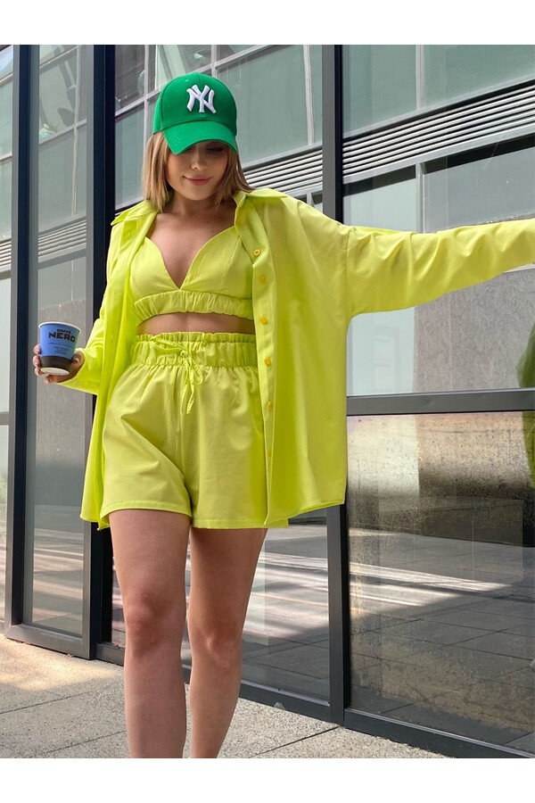 Kadın Neon Sarı Poplin 3lü Takım Fosfor Sarı