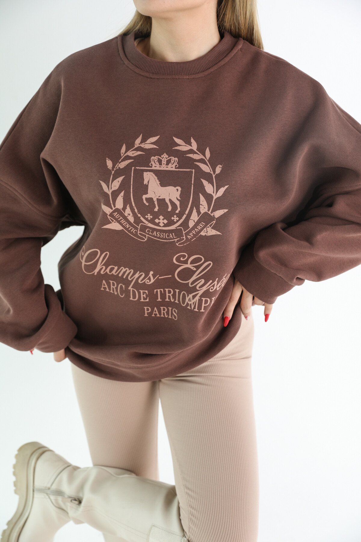 Kadın Oversize 3 İplik Şardonlu Beli Lastikli Bisiklet Yaka Sweatshirt Vizon