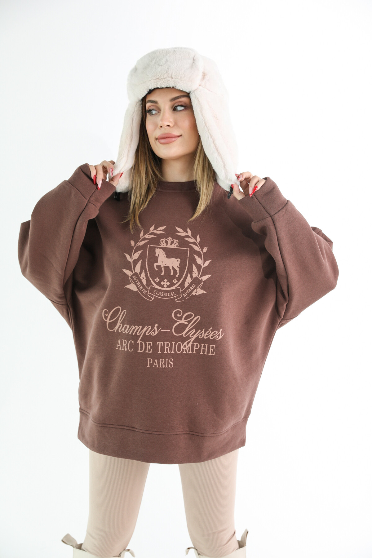 Kadın Oversize 3 İplik Şardonlu Beli Lastikli Bisiklet Yaka Sweatshirt Vizon