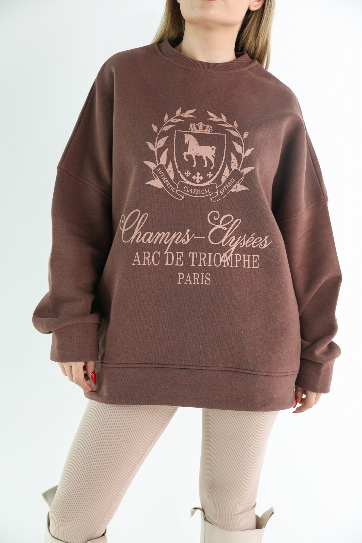 Kadın Oversize 3 İplik Şardonlu Beli Lastikli Bisiklet Yaka Sweatshirt Vizon