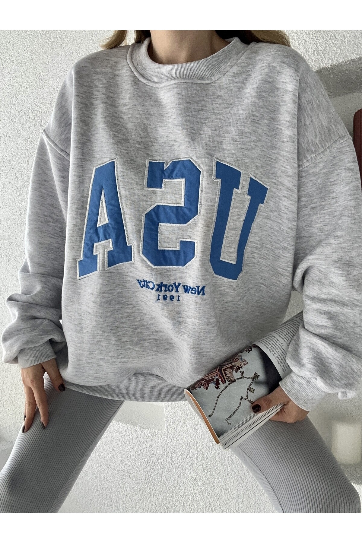 Kadın Oversize 3 İplik Şardonlu Sweatshirt  Gri