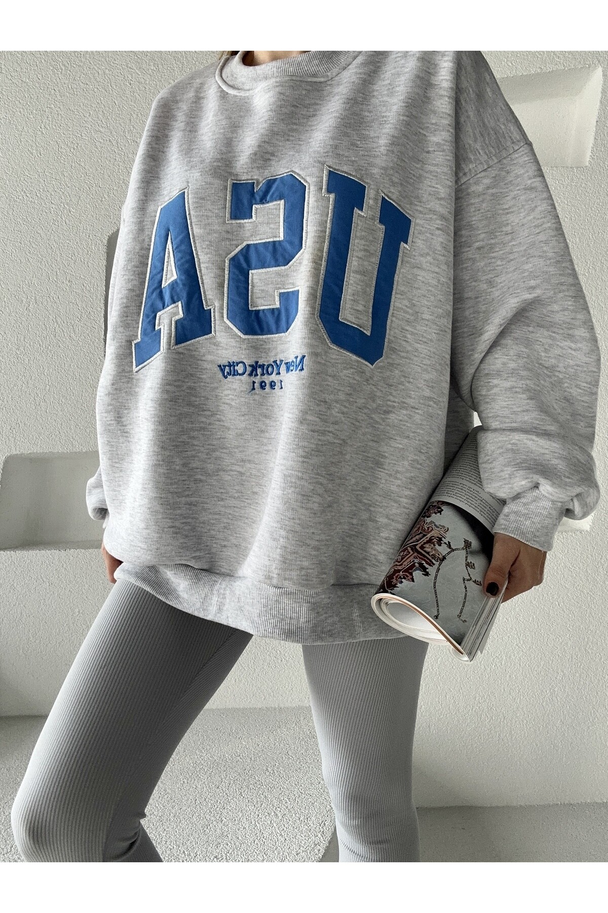 Kadın Oversize 3 İplik Şardonlu Sweatshirt  Gri