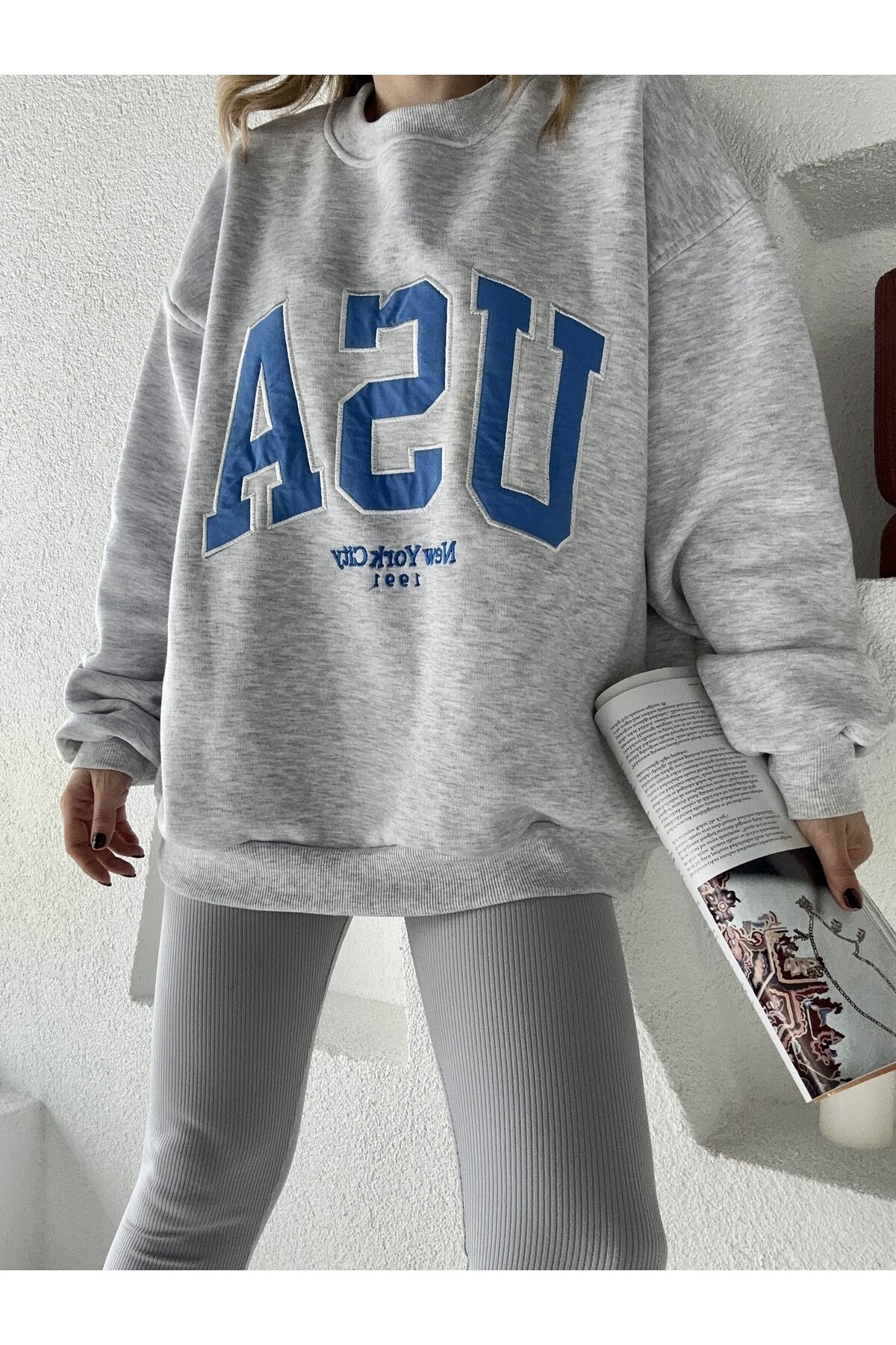 Kadın Oversize 3 İplik Şardonlu Sweatshirt  Gri