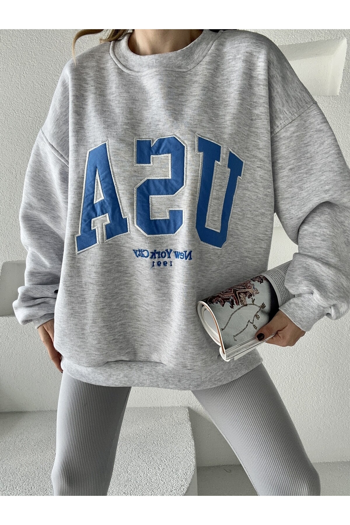 Kadın Oversize 3 İplik Şardonlu Sweatshirt  Gri