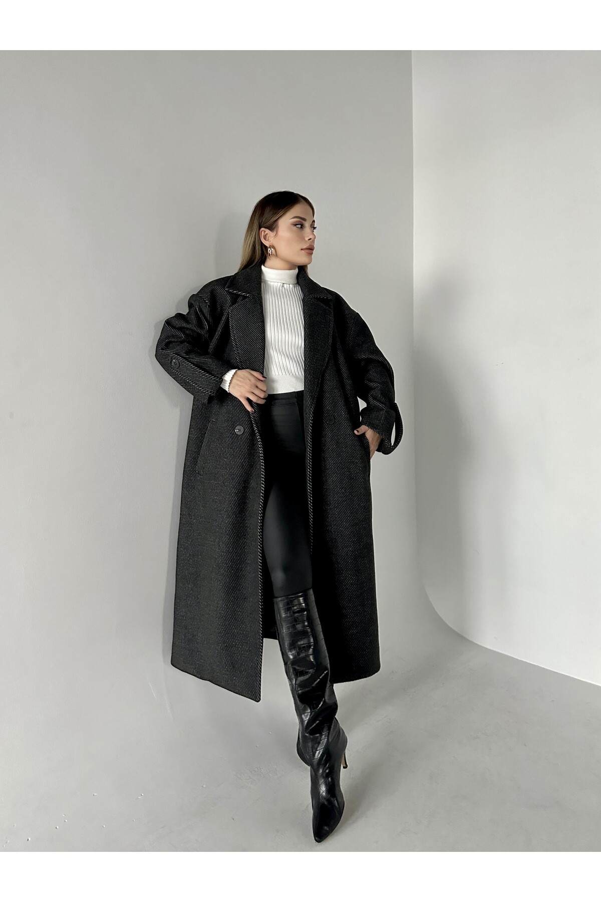 Kadın Oversize Astarlı Düğmeli Kaşe Kaban  Gri