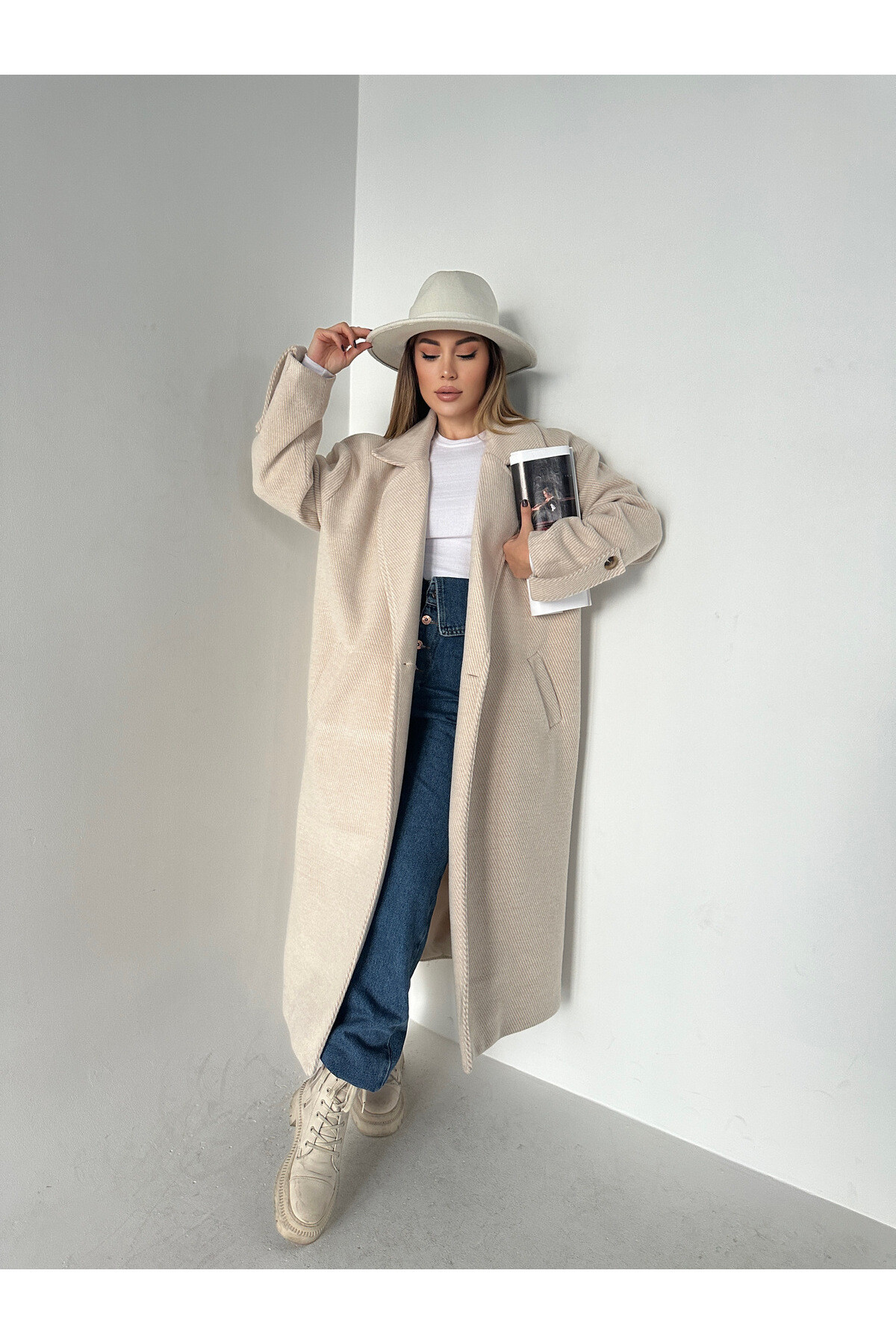 Kadın Oversize Astarlı Düğmeli Kaşe Kaban  Taş