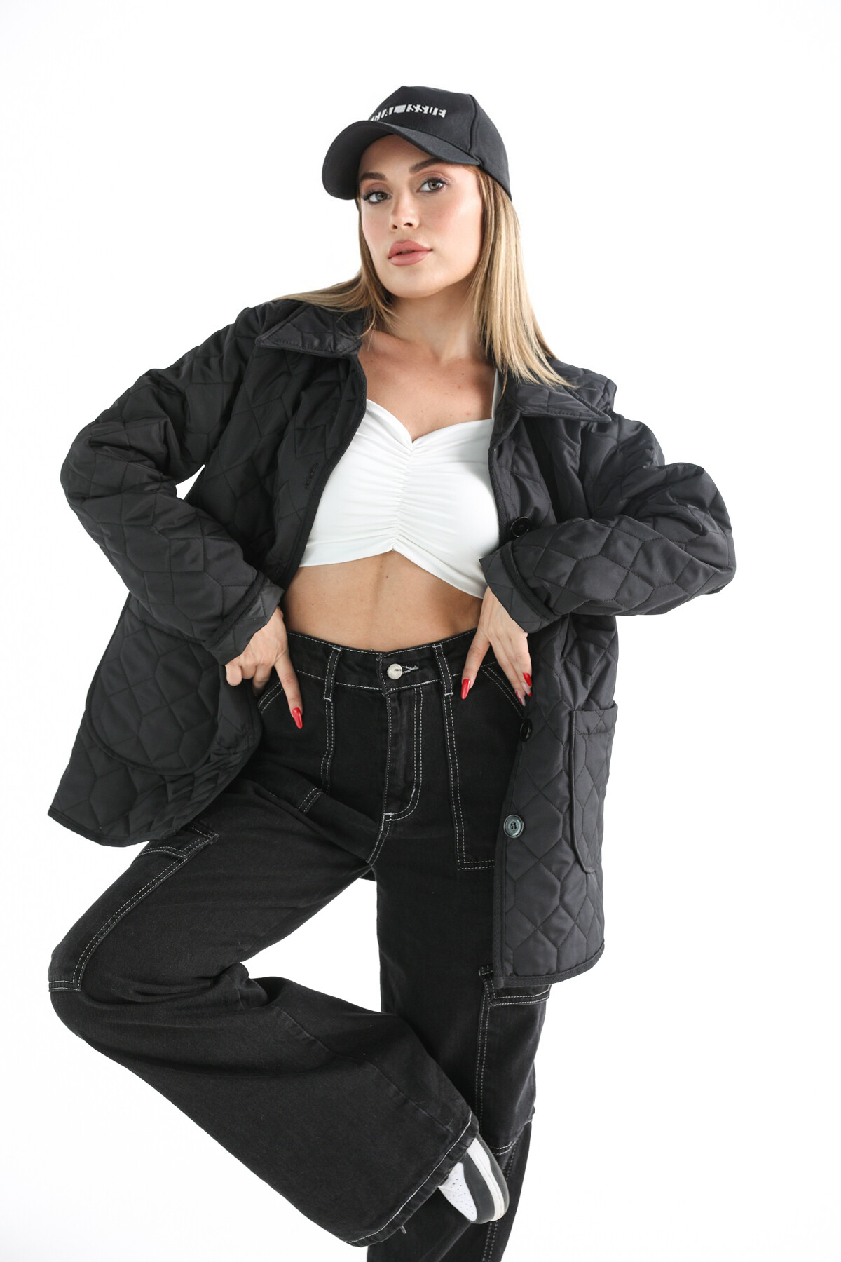 Kadın Oversize Düğmeli Cepli Kapitone Mont Siyah