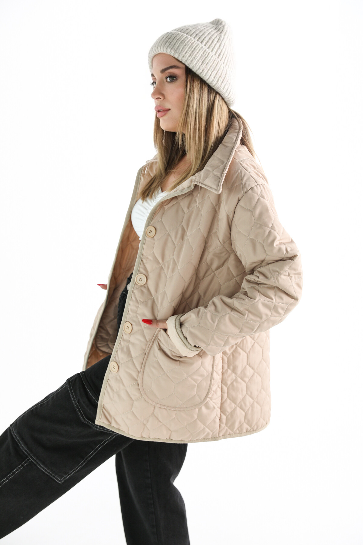 Kadın Oversize Düğmeli Cepli Kapitone Mont Camel