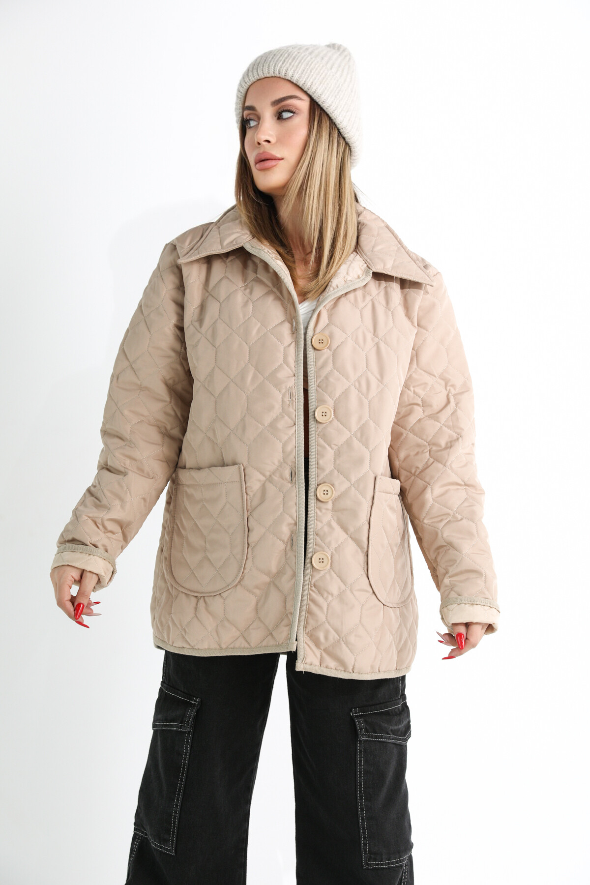 Kadın Oversize Düğmeli Cepli Kapitone Mont Camel