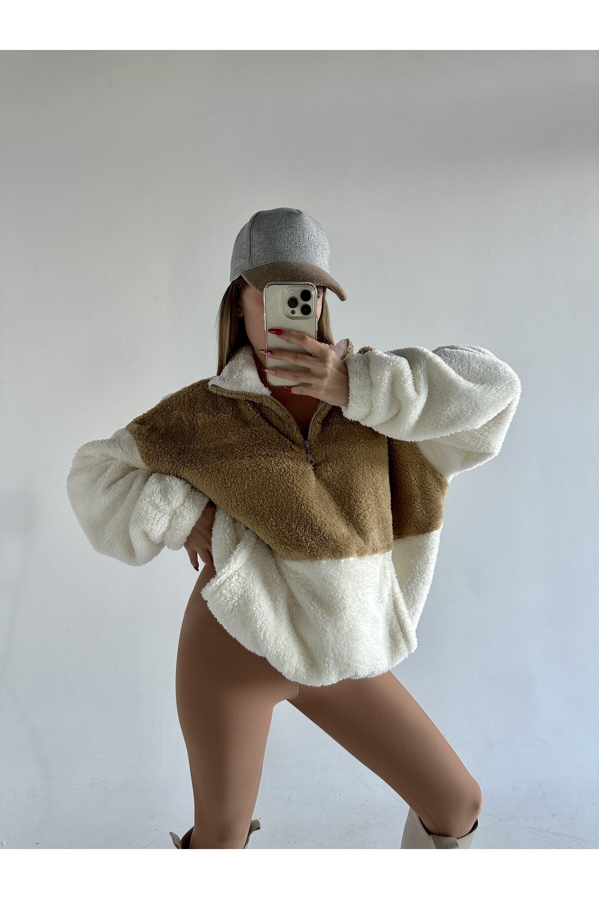 Kadın Oversize Fermuar Yaka Teddy Peluş Sweat Camel