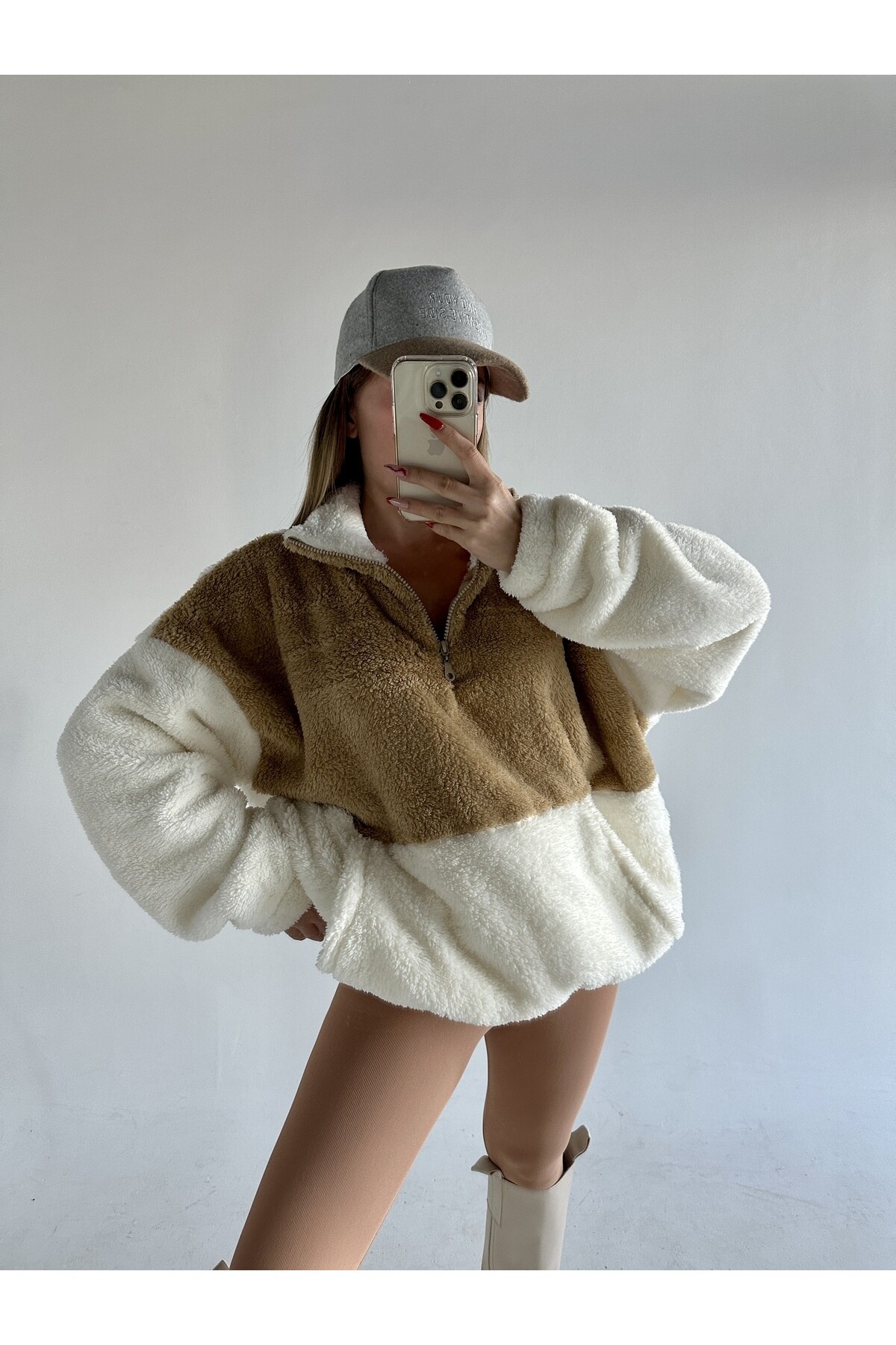 Kadın Oversize Fermuar Yaka Teddy Peluş Sweat Camel