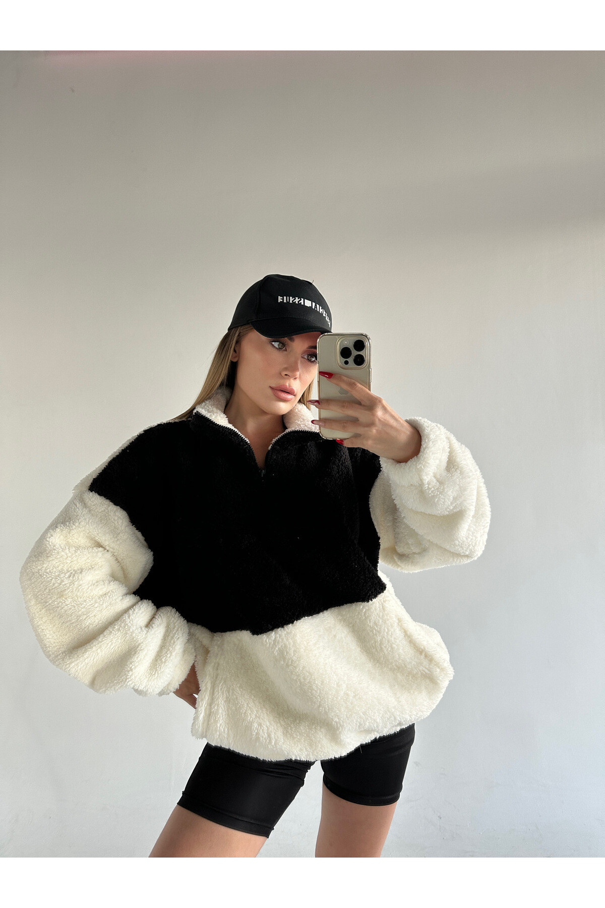 Kadın Oversize Fermuar Yaka Teddy Peluş Sweat  Siyah
