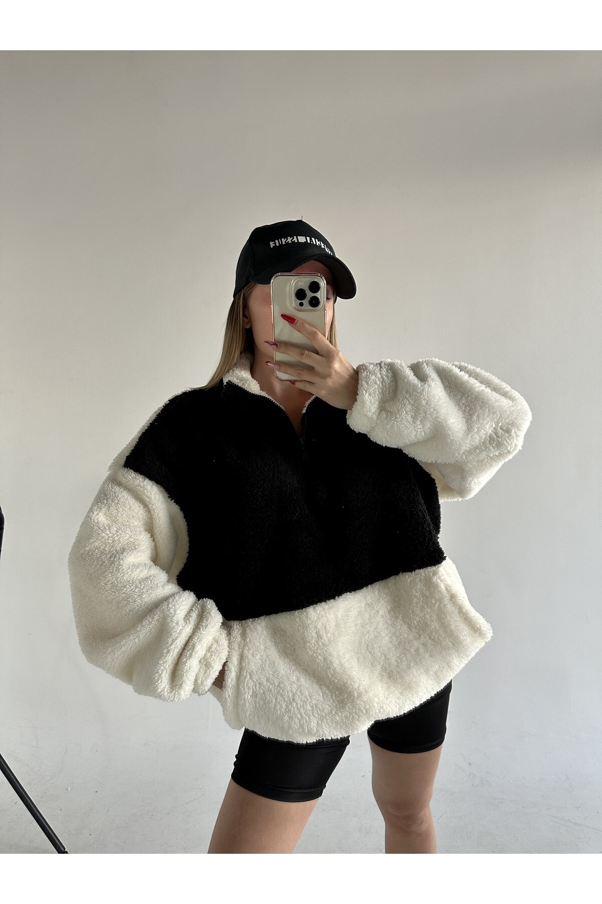 Kadın Oversize Fermuar Yaka Teddy Peluş Sweat  Siyah