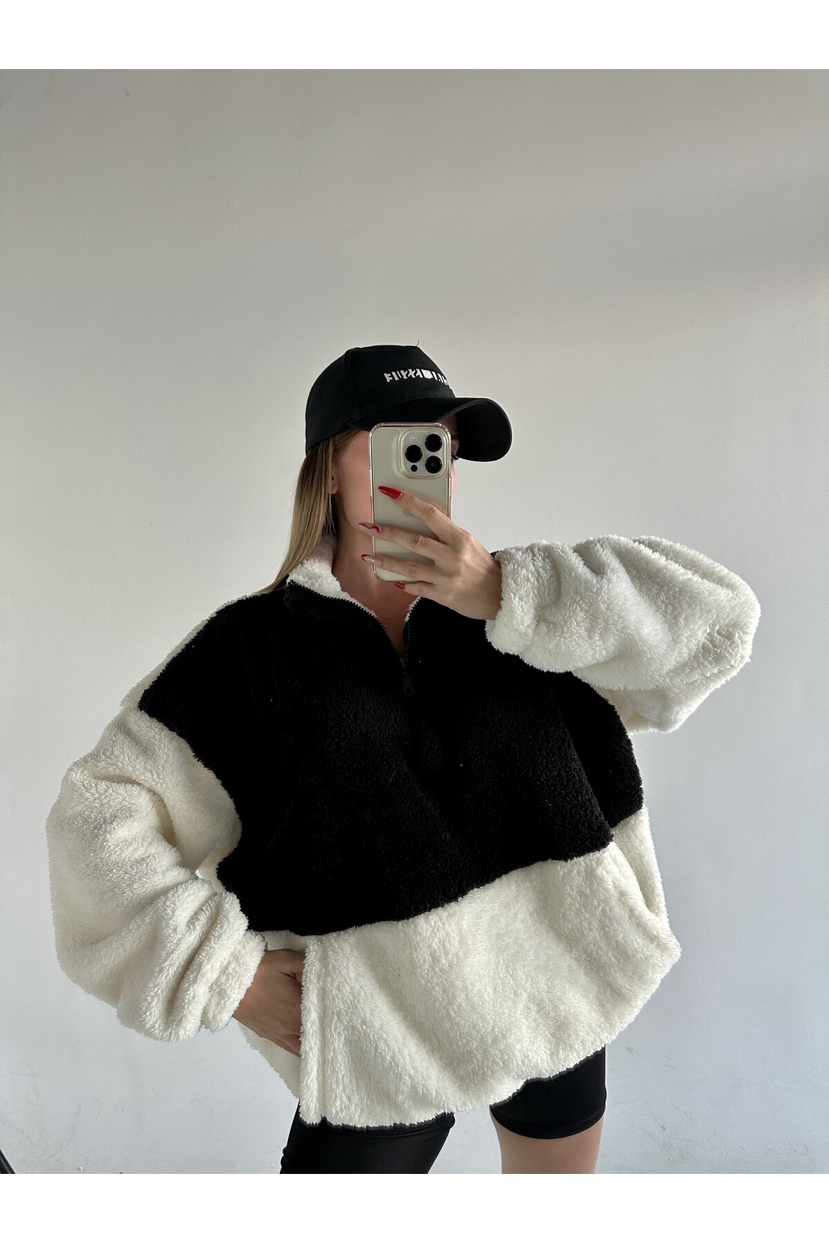 Kadın Oversize Fermuar Yaka Teddy Peluş Sweat  Siyah