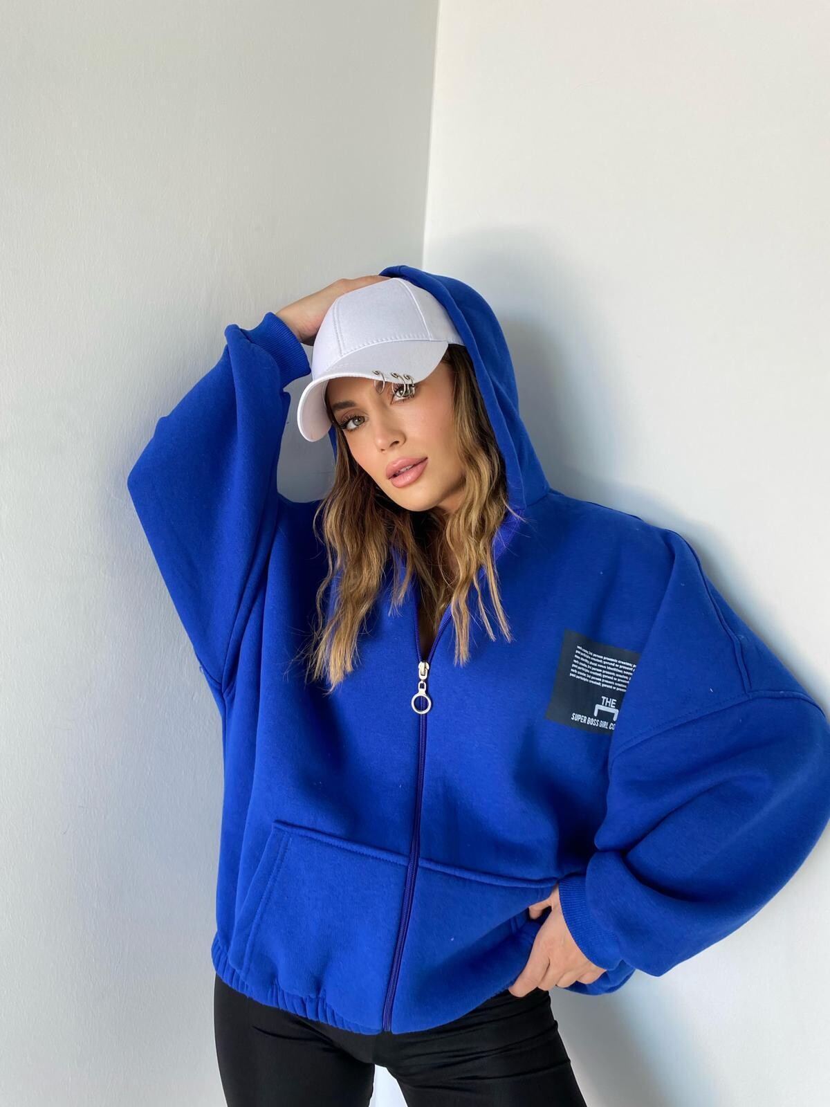 Kadın Oversize Kapüşonlu 3iplik Şardonlu Beli Lastikli Fermuarlı Sweatshirt Mavi