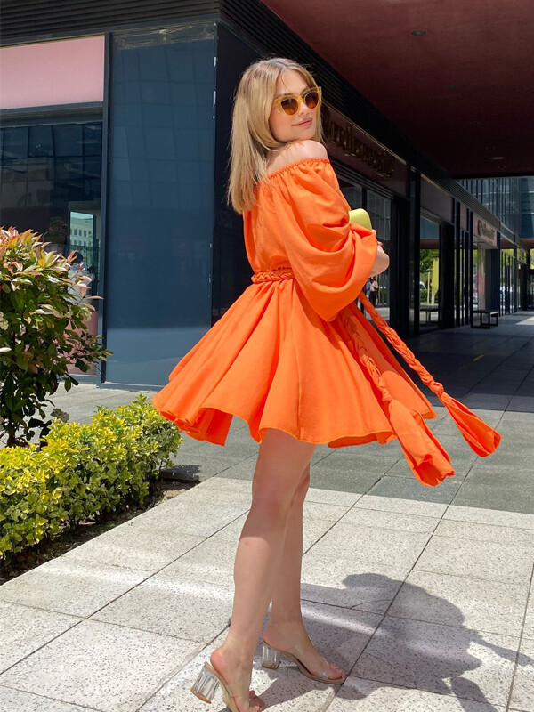 Kadın Pamuklu Poplin Penye Kumaş Kemerli Elbise Turuncu