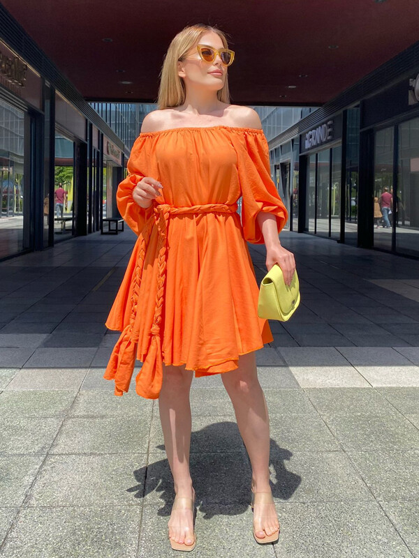 Kadın Pamuklu Poplin Penye Kumaş Kemerli Elbise Turuncu