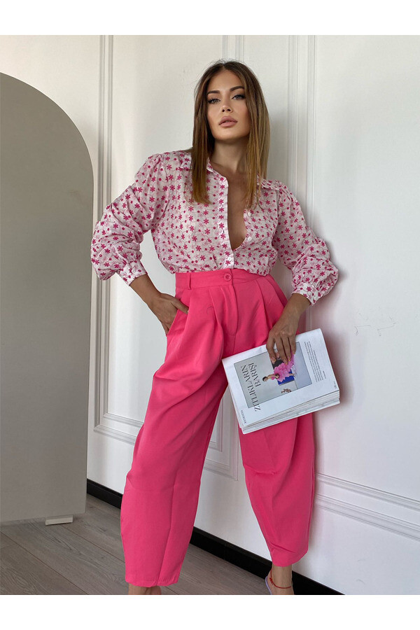 Kadın Pembe Nakışlı Keten Mevsimlik Gömlek 