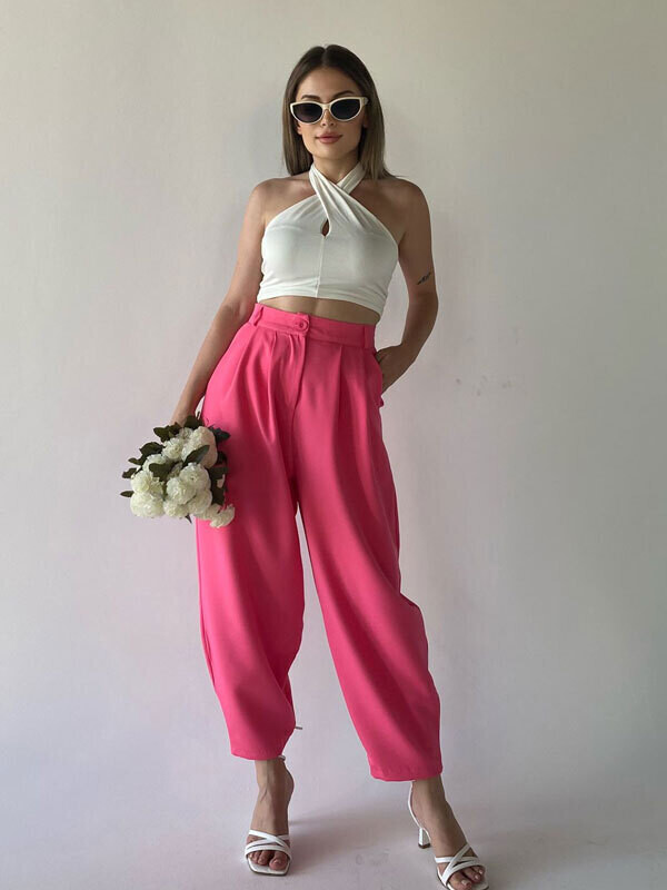 Kadın Pembe Yüksek Bel Şalvar Pantolon 