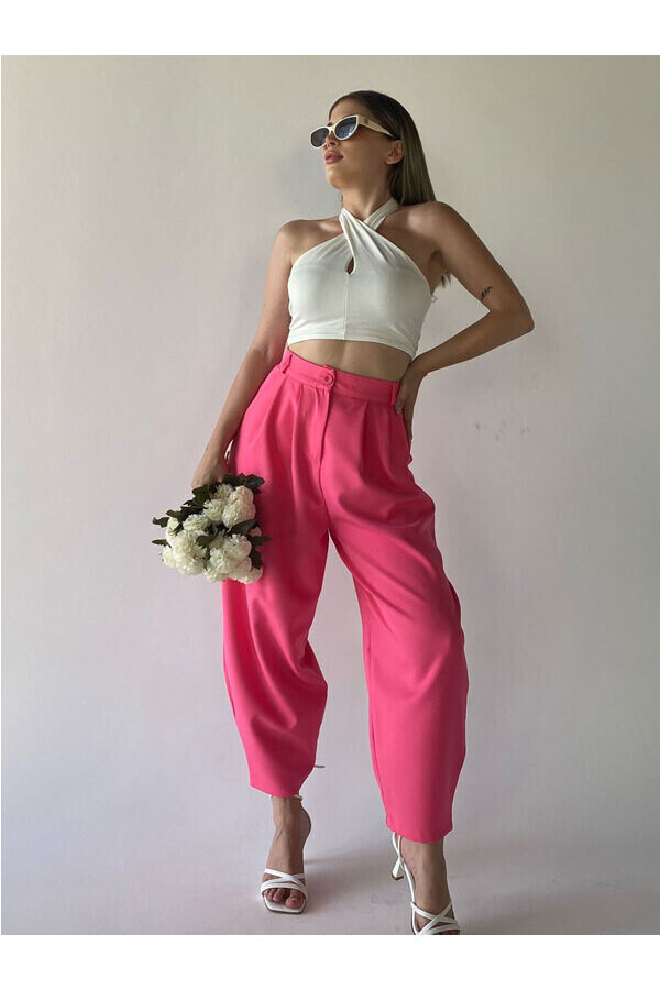 Kadın Pembe Yüksek Bel Şalvar Pantolon 