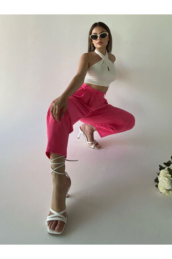 Kadın Pembe Yüksek Bel Şalvar Pantolon 