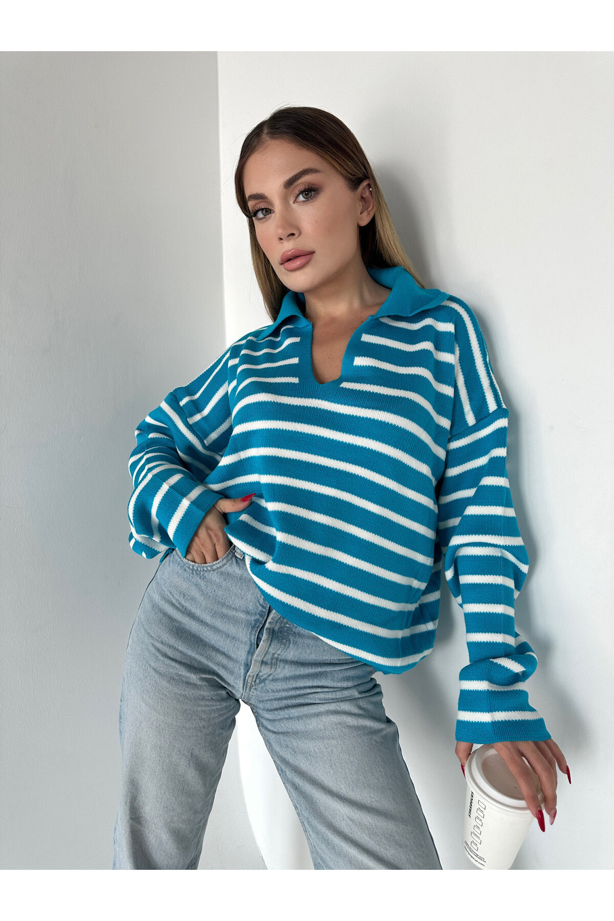 Kadın Polo Yaka Çizgili Standart Beden Triko Kazak  Mavi