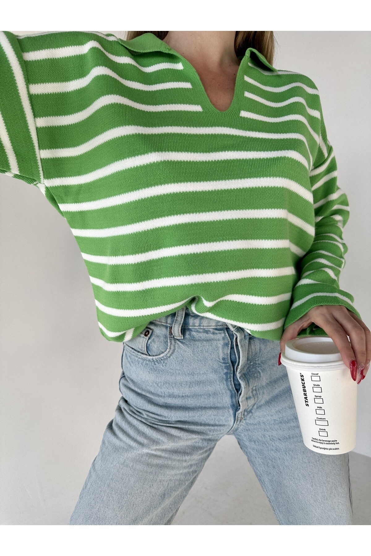 Kadın Polo Yaka Çizgili Standart Beden Triko Kazak  Yeşil