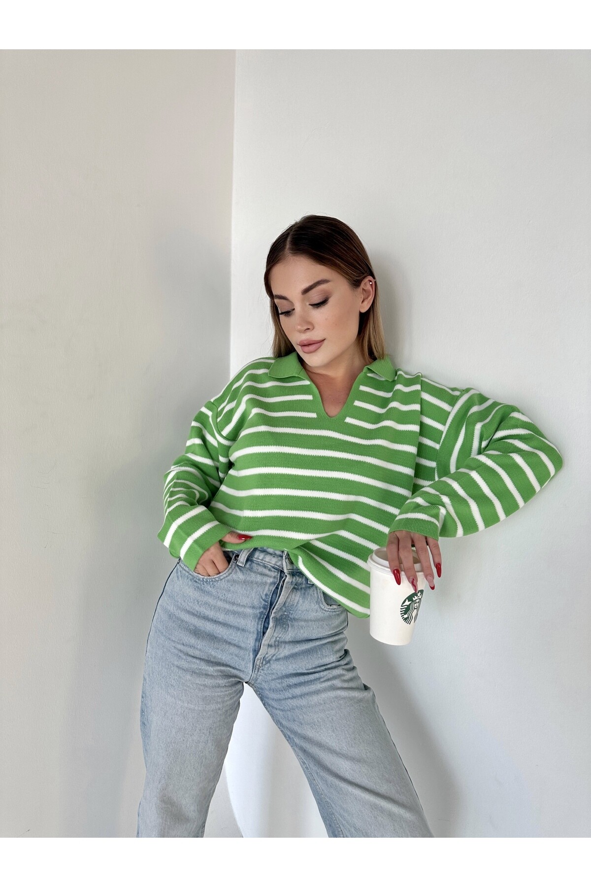 Kadın Polo Yaka Çizgili Standart Beden Triko Kazak  Yeşil