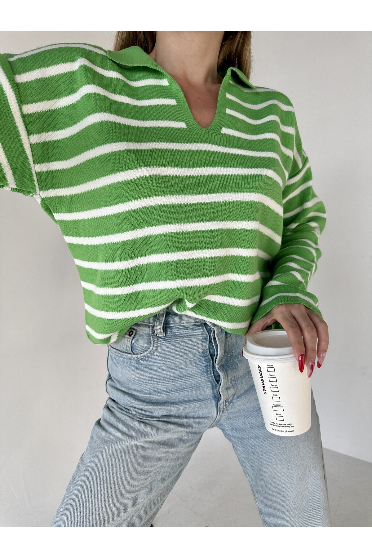 Kadın Polo Yaka Çizgili Standart Beden Triko Kazak  Yeşil