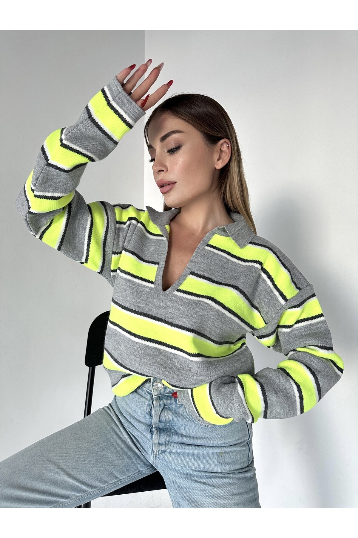 Kadın Polo Yaka Çizgili Triko Kazak Sarı